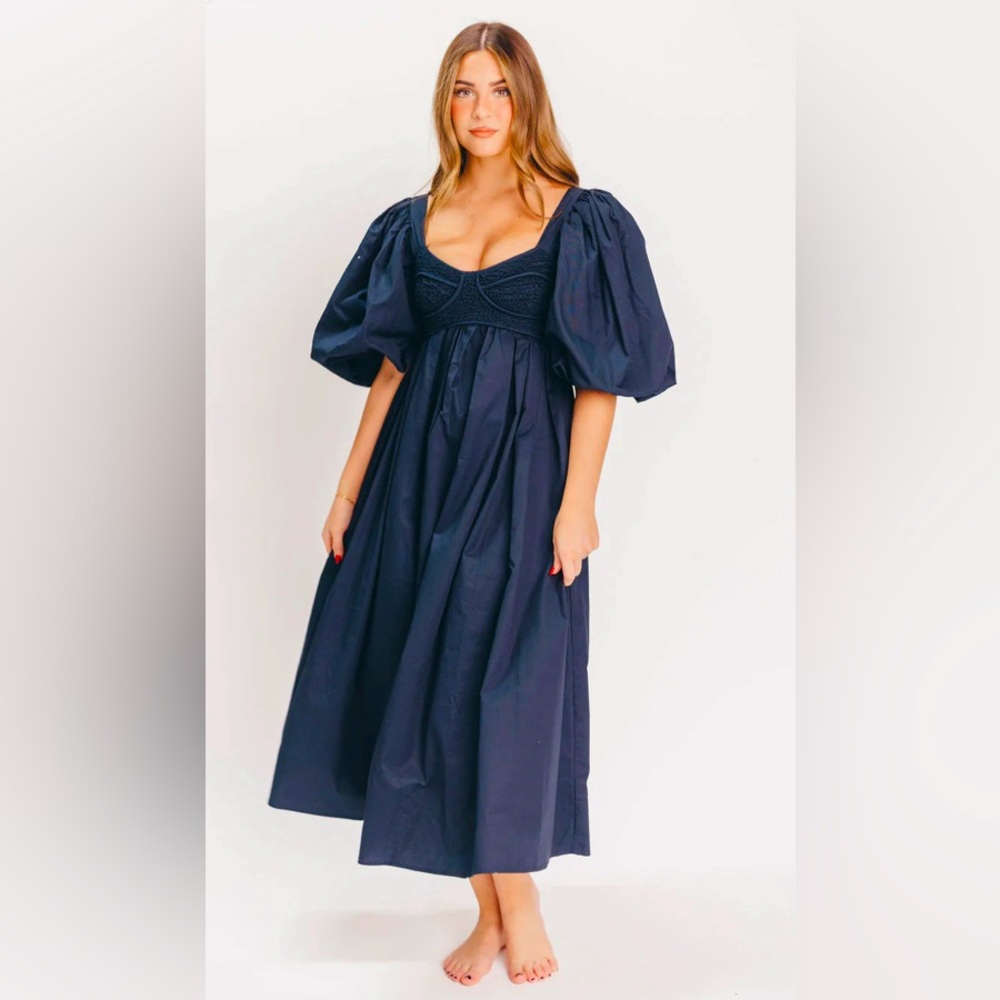 Boutique puff sleeve navy blue corset dress
